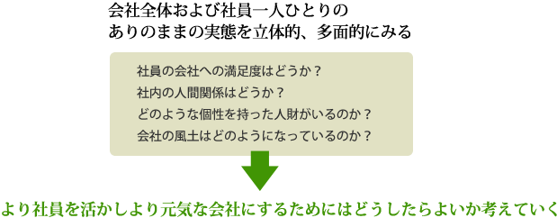 会社全体および社員一人ひとりの ありのままの実態を立体的、多面的にみる　社員の会社への満足度はどうか？ 社内の人間関係はどうか？ どのような個性を持った人財がいるのか？ 会社の風土はどのようになっているのか？より社員を活かしより元気な会社にするためにはどうしたらよいか考えていく