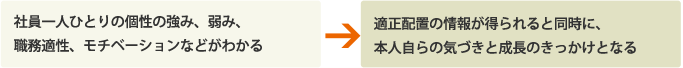 社員一人ひとりの個性の強み、弱み、 職務適性、モチベーションなどがわかる→適正配置の情報が得られると同時に、本人自らの気づきと成長のきっかけとなる